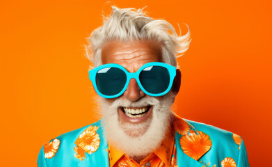 Happy smiling mature man on colorful background. senior man, dressed in a colorful neon outfit, dons quirky sunglasses and showcases her extravagant style