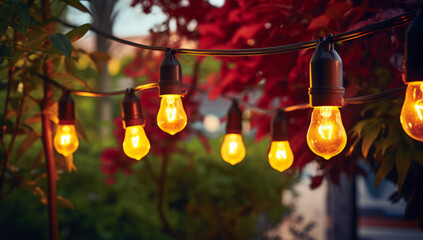 Close-up of a street garland with warm light on patio late at night. Captivating Dark Background with Light Bulbs.