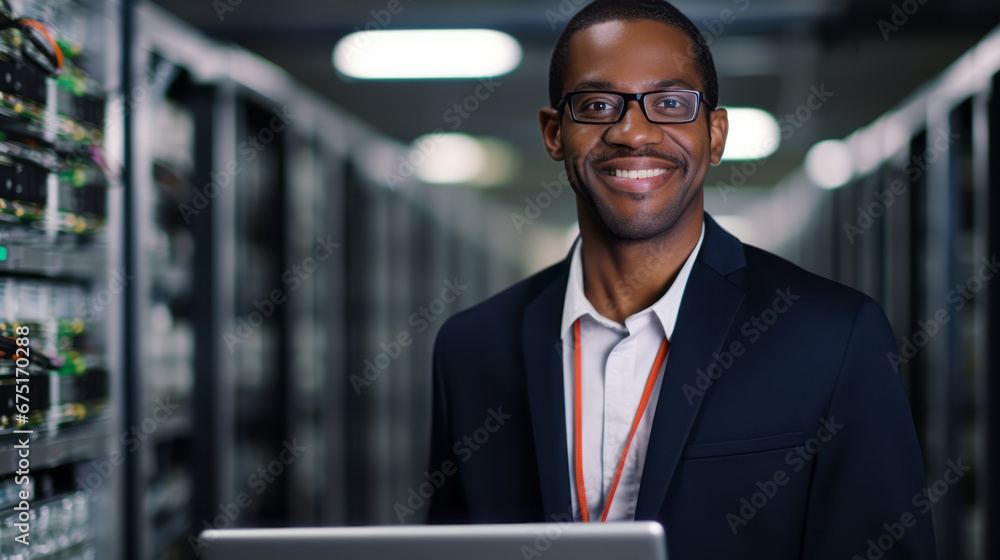 Poster portrait of black man with computer. internet security concept. data cloud protection network, serve
