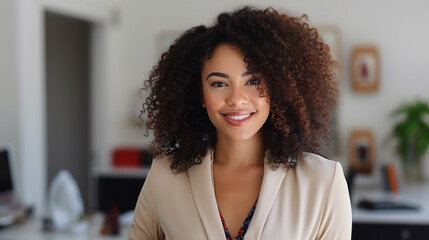 Black Woman with curly hair. Formal wear. Portrait of beautiful businesswoman looks at the camera and smiles. Office background. Feminine business and career success concept. Ai generative