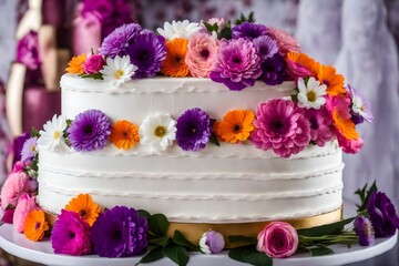 Obraz na płótnie Canvas Closeup of white wedding cake with flowers on top. cake on the cake-shelf. white milk cream. cake decorated with pink and purple flowers