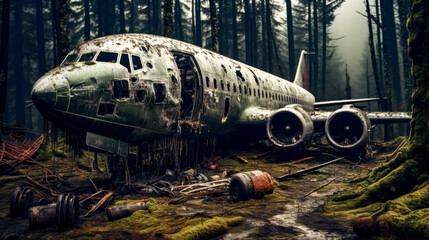 Plane that is sitting on the ground in the woods with lot of debris around it.
