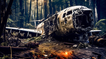 Old plane sitting in the middle of forest filled with firewood.