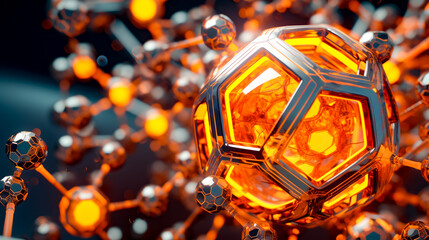 Orange and black sphere surrounded by orange and white spheres and lines of orange and black dots.