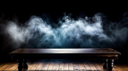 Empty stage with wooden floor and smoke coming out of the top.