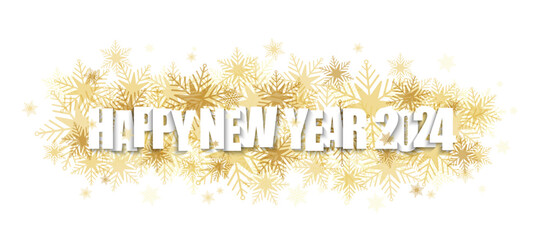 HAPPY NEW YEAR 2024 white typography on gold snowflakes on white background