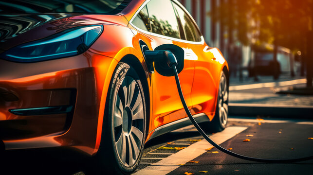 Electric car connected to charging station supplier. Charge battery. EV plug in. Future innovation concept. Generative Ai © ImageFlow