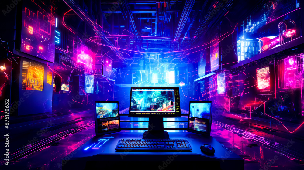 Poster desktop computer sitting on top of desk in front of monitor.