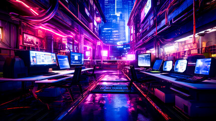 Sci - fi city at night with neon lights and computer monitors in the foreground.