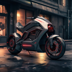 Fototapeta premium A Professional Shot of a Futuristic Bike, Prototype. Motorcycle in the street of a futuristic city, cyberpunk