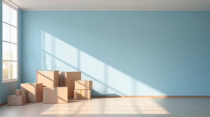 Empty blue template copy space wall with Cardboard boxes in empty room interior, moving concept. Sunlight big windows. Move to new building. Ai generative - obrazy, fototapety, plakaty