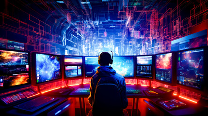 Naklejka premium Man sitting at desk in front of three monitors with multiple screens.