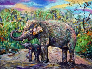 Original  art painting Oil color Elephant family in forest thailand
