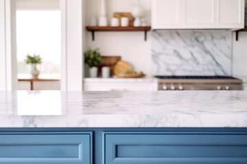 Fototapeta na wymiar Blue modern kitchen interior with white marble countertop and flower on vase. High quality photo