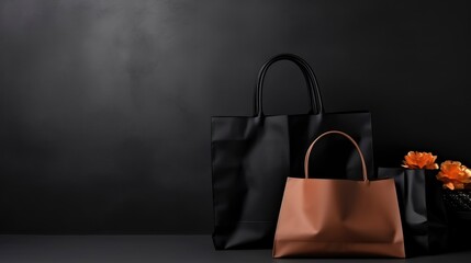 Black shopping bags on dark festive background banner