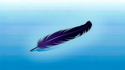 Blue feather floating on top of body of water next to blue wall.