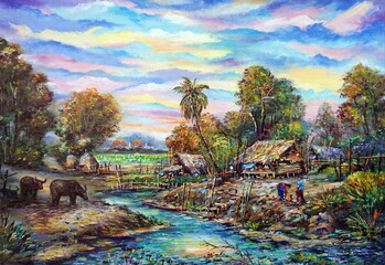 Original  art Oil painting  Thailand Countryside