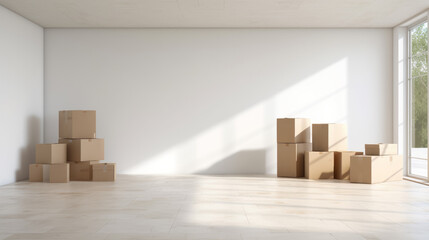 Cardboard boxes in empty room interior, relocation concept. Sunlight big windows. Empty white mock up copy space wall. Move to new home. Ai generative