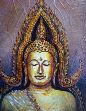 Original   art painting Oil color Buddha statue thailand , Phra Buddha Chinnarat