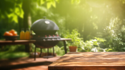 Empty wood table for product display montages with blurred background of BBQ party. High quality photo