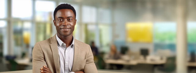 Portrait of Black Handsome Businessman in formal suit. Business and career success concept. Copy space. Office background. Guy smiles and look at the camera. Ai generative.