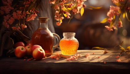 Obraz premium Pouring cider into a glass with a harvest, A glass of cider on wooden table with spices