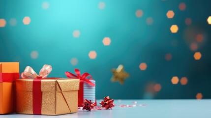 Christmas gift boxes filled on bright colored festive background banner