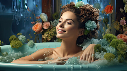 A young woman bathing in a bathtub - obrazy, fototapety, plakaty