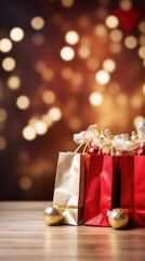Christmas shopping bags filled with gifts on blurred bokeh festive background banner