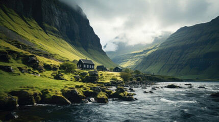 epic landscape with a river and green hills - obrazy, fototapety, plakaty
