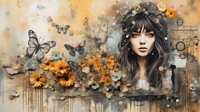 creative illustration of a woman with butterflies with a vintage effect