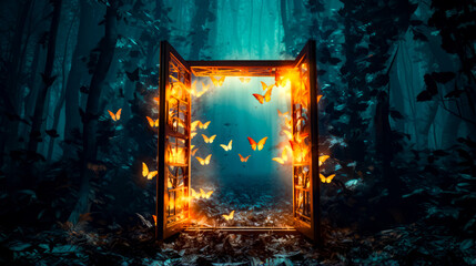 Open door in the middle of forest with butterflies flying out of it. - Powered by Adobe