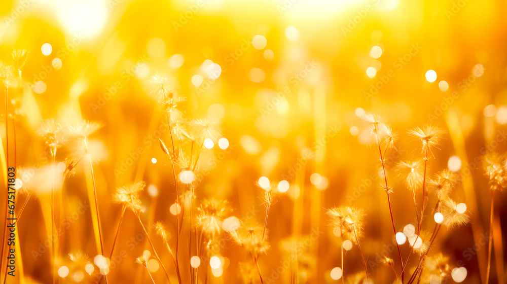 Poster close up of dandelion in field with the sun in the background.