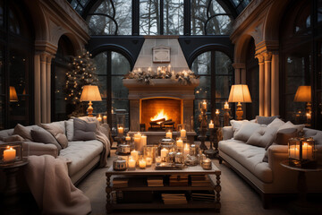 Luxury Christmas living room, winter mansion, cozy evening, Christmas tree, toned colors,  - obrazy, fototapety, plakaty