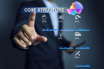 Cost structure concept with businessman entrepreneur pointing to analysis factor such as...