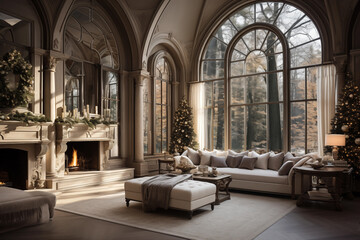 Luxury Christmas living room, winter mansion, cozy evening, Christmas tree, toned colors, 