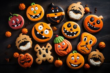 Overhead view of amusing Halloween cookies. Generative AI