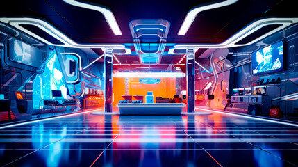 Futuristic looking room with lot of lights and lot of furniture.