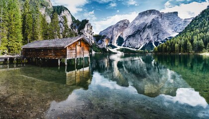Wood cabin on the lake - log cabin surrounded by trees, mountains, and water in natural landscapes