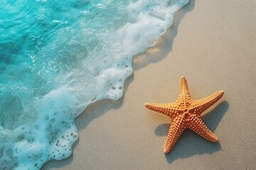 Fototapeta na wymiar Vibrant starfish on sandy beach. Unique, colorful. Mock up, copy space. Top view, flat lay. Generative AI