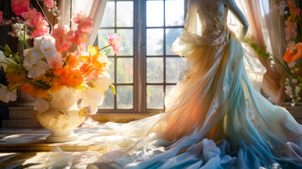 Dress sitting on window sill next to vase of flowers.