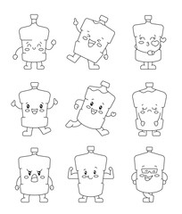 Cute funny plastic bottle characters. Coloring Page. Cartoon kawaii water with arms and legs. Hand drawn style. Vector drawing. Collection of design elements.