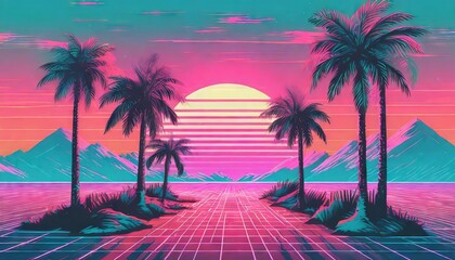 Obraz premium Outrun Synthwave style - 1990s retro aesthetic with palm trees and tropical sunset in pink and blue