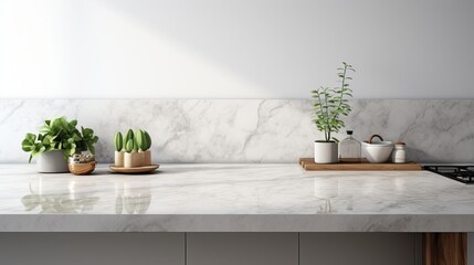 Interior of modern kitchen with white marble walls, concrete floor, white countertops and wooden cupboards - obrazy, fototapety, plakaty