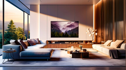 Living room filled with furniture and flat screen tv mounted on wall. - obrazy, fototapety, plakaty