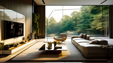 Fototapeta premium Living room with couch, chair, table and large window.