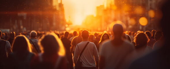 A Crowd of People Crosses the Street in the Heart of the City During Sunset, Capturing the Dynamic Energy of Urban Life. - obrazy, fototapety, plakaty