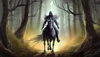 Ghost rider - ghastly figure on a ghoulish horse riding in the forest - obrazy, fototapety, plakaty