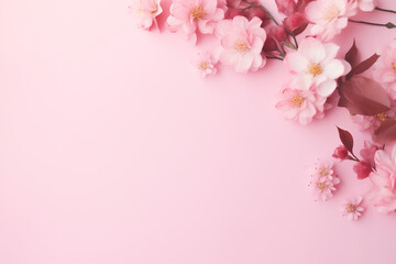 Naklejka na ściany i meble Elegant Floral Banner: Wedding, Mothers, and Women's Day Greeting Card on a Soft Pink Background. A Springtime Composition with Ample Copy Space in a Flat Lay Style