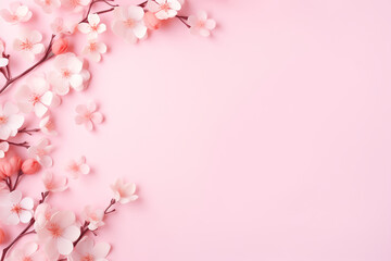 Fototapeta na wymiar Elegant Floral Banner: Wedding, Mothers, and Women's Day Greeting Card on a Soft Pink Background. A Springtime Composition with Ample Copy Space in a Flat Lay Style